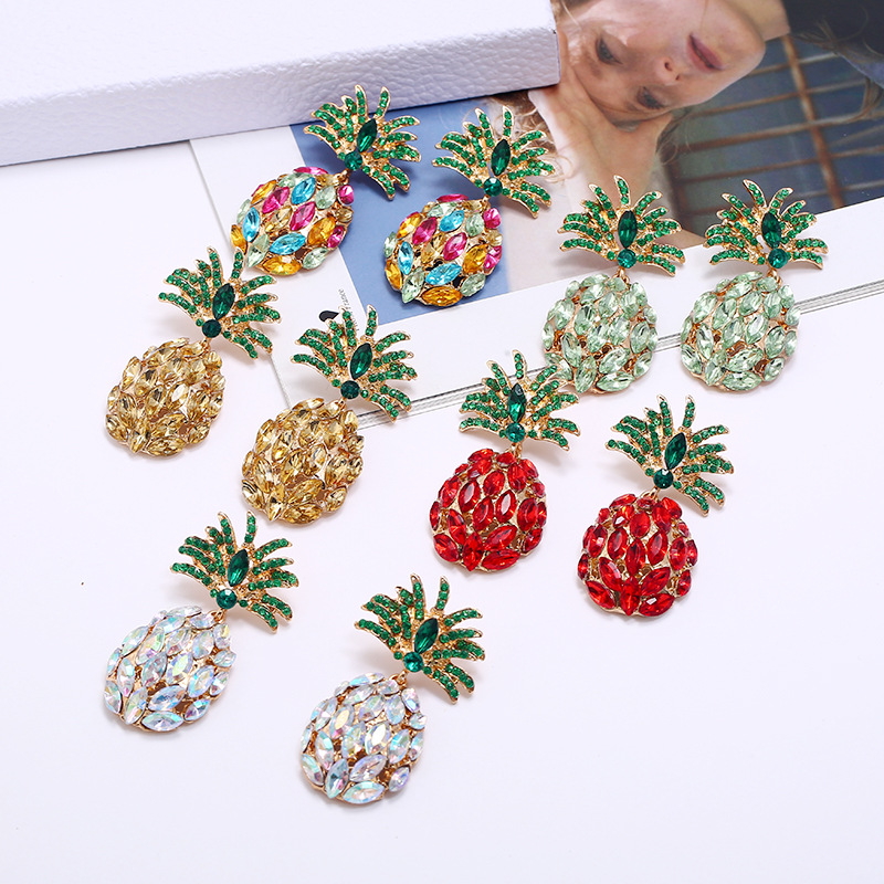 Fashion Creative Fruit Pineapple Inlaid Colorful Diamond  Earrings Wholesale display picture 2