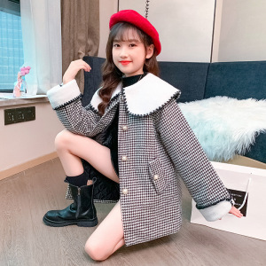 女童呢子大衣2020秋冬新款童装洋气千鸟格时髦风衣女孩毛呢外套潮