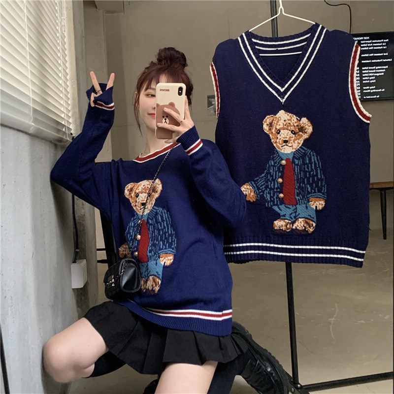 2020秋冬新款韩版V领马甲+长袖针织衫女上衣温柔风毛衣学生