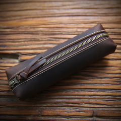 復古手工大容量男士簡約筆袋瘋馬皮頭層牛皮鉛筆袋學生真皮文具盒