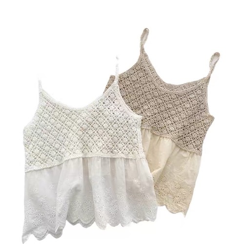 Vest with small suspenders for women's outer wear trendy ins summer women's short style splicing style crochet flower hollow versatile holiday top