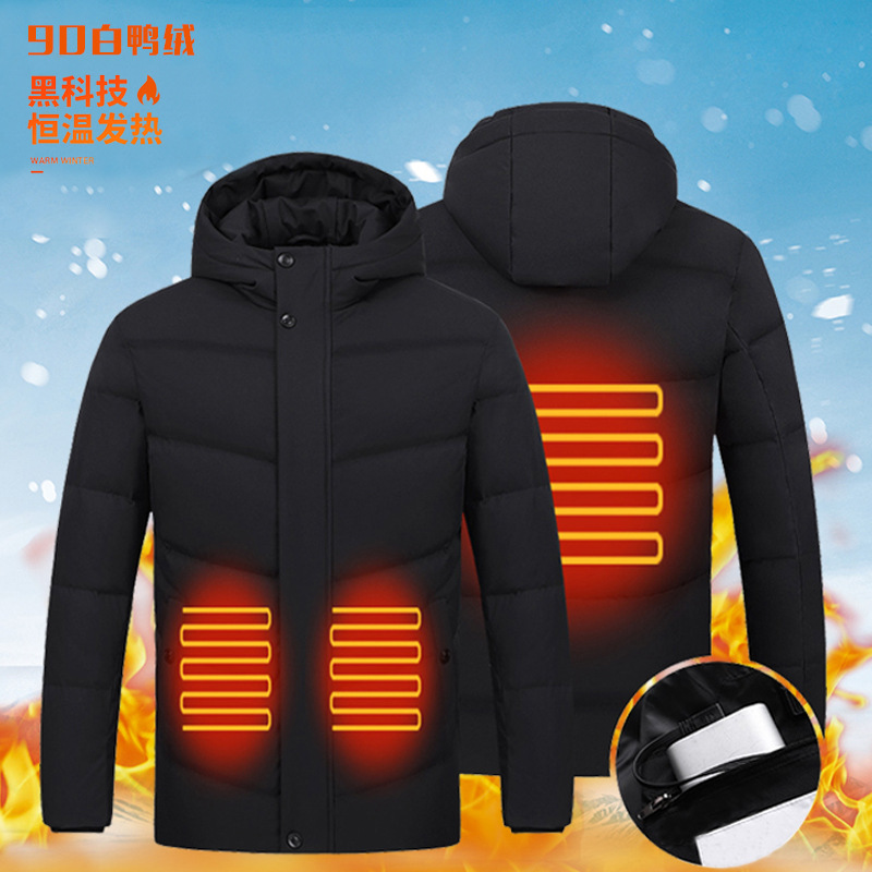廠長批發冬季智能發熱羽絨服跨境外貿加厚連帽充電加熱白鴨絨外套