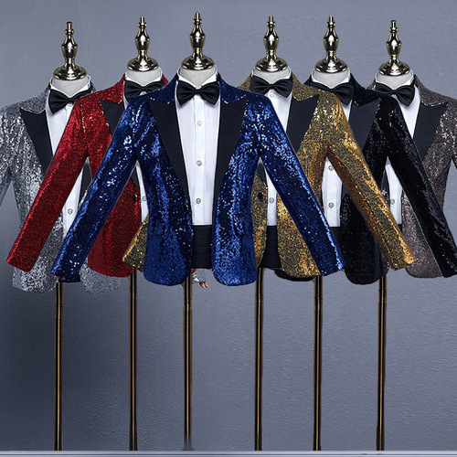 Children boy silver gold red blue sequined color jazz dance singers host  blazers piano competition stage performance coats for boys model show catwalk suit for boy
