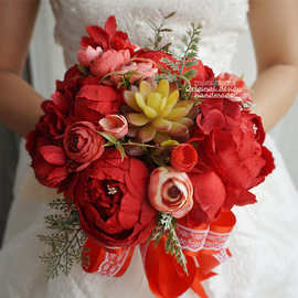 仿真新娘手捧花球中式红色玫瑰牡丹结婚用品拍照摄影道具厂家批发