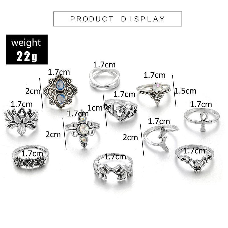 New Ring Personality Simple Lotus Fishtail Elephant Sunflower Gemstone Ring 11 Piece Set Wholesale Nihaojewelry display picture 1