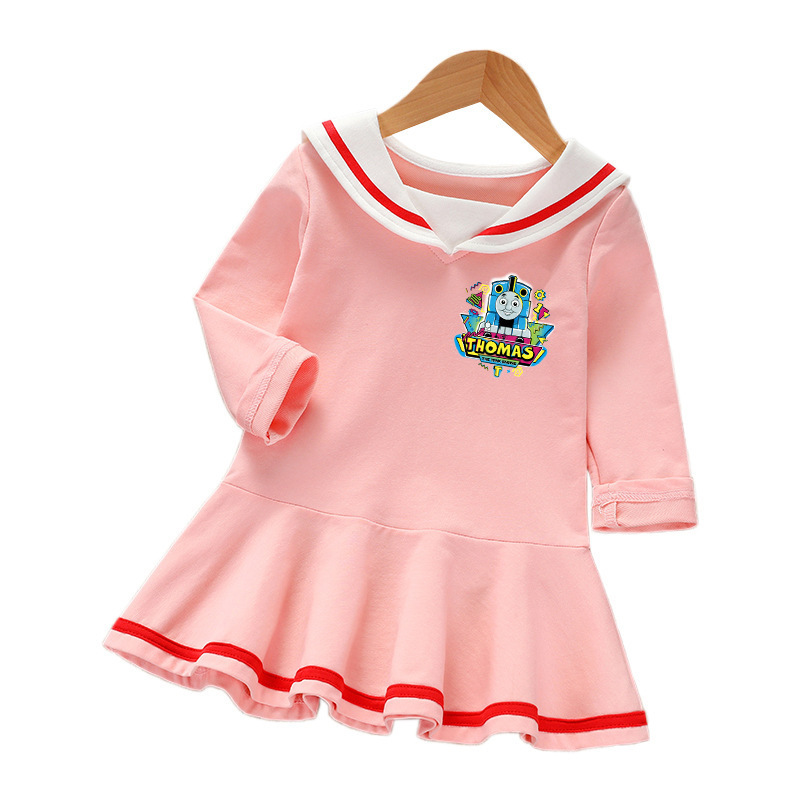 2023 New Arrival Spring and Autumn Girls' Long-Sleeved Dress Cartoon Thomas Train Styline Mariners Suit Princess Dress