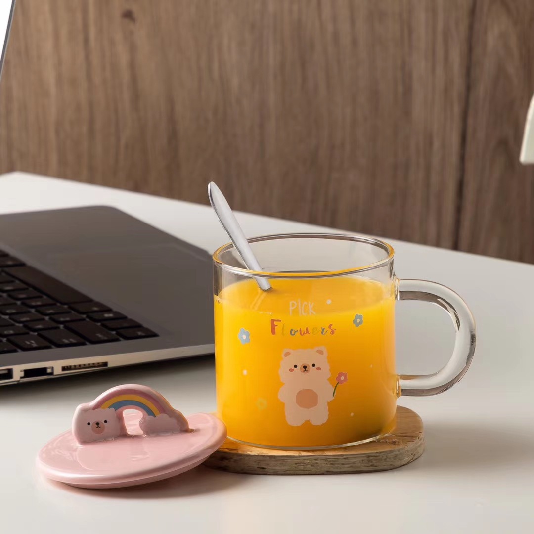 Lindo alpaca de dibujos animados de vidrio resistente a altas temperaturas taza de agua con tapa cuchara taza transparente regalo creativo taza de café