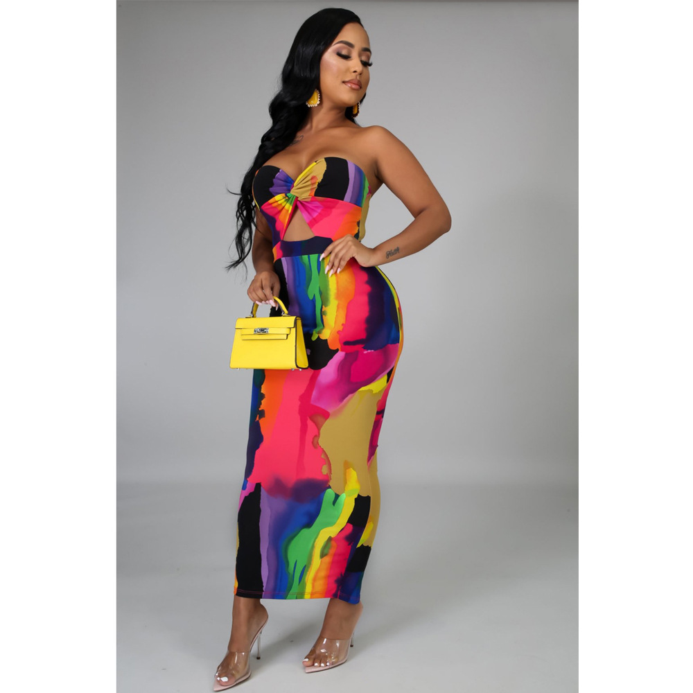 Wrap Chest Twist Tie Dye Slit Hollow Dress NSASL128360