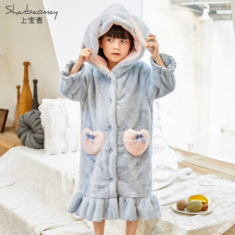 어퍼 바오 마이 가을과 겨울 어린이 나이트 가운 소년과 소녀를위한 따뜻한 플란넬 파자마 두꺼운 따뜻한 산호 양털 홈 옷