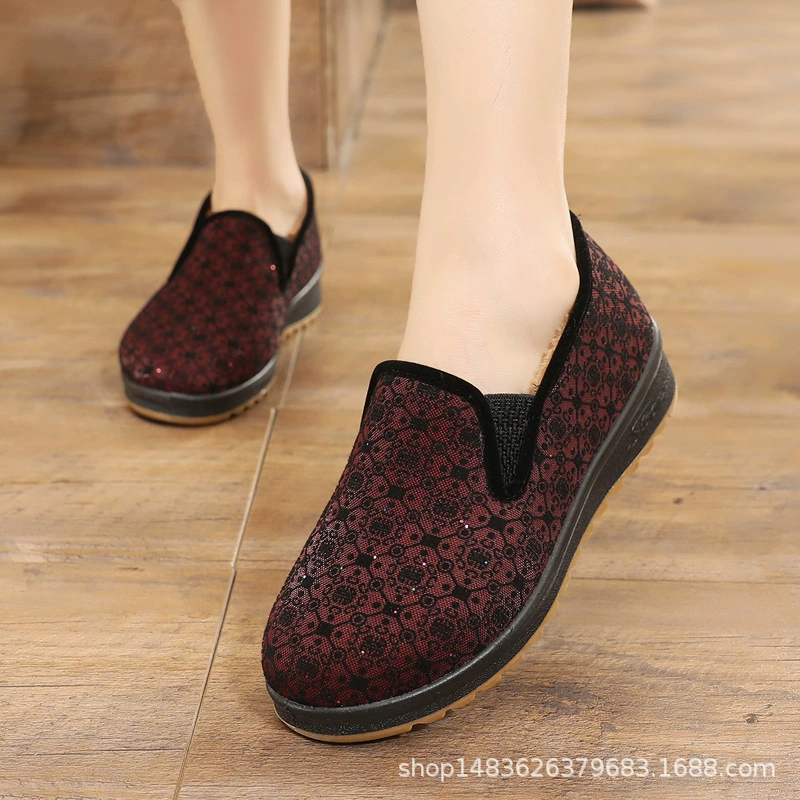 Old Beijing Тканевая обувь зима Новая утолщенная плоская мягкая подошва на флисовой подкладке Мужская и женская теплая сумка с хлопковой обувью для матери