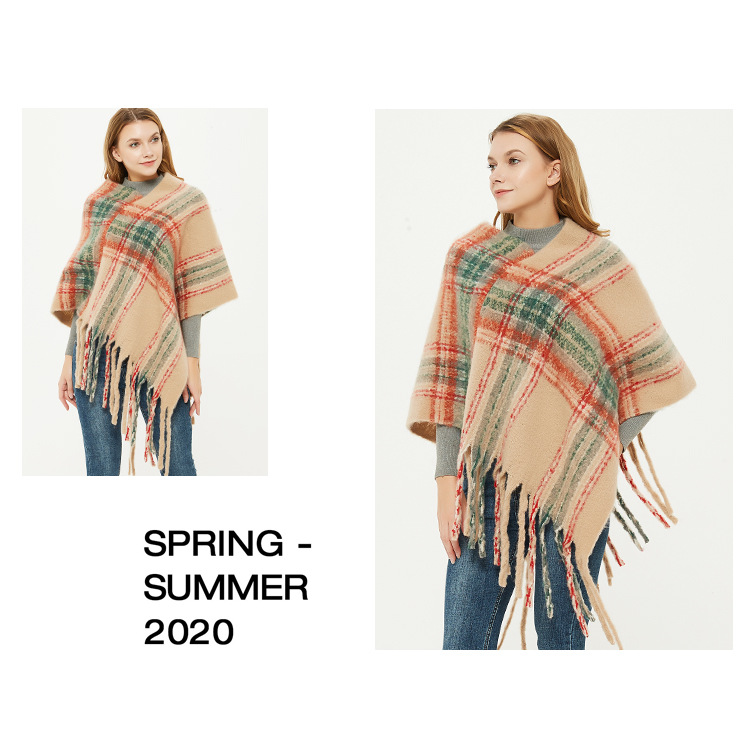 Unisex Thickened cape for women with fine check and coarse fringe pullover_voghion.com