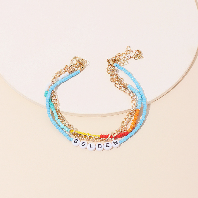 17g Weight Anklet Classification Wedding, Travel Occasion Women'S Gender Beach Style New Fashion Stacking Multi-layer Hand-woven Rice Beads Letter Anklet Set 2