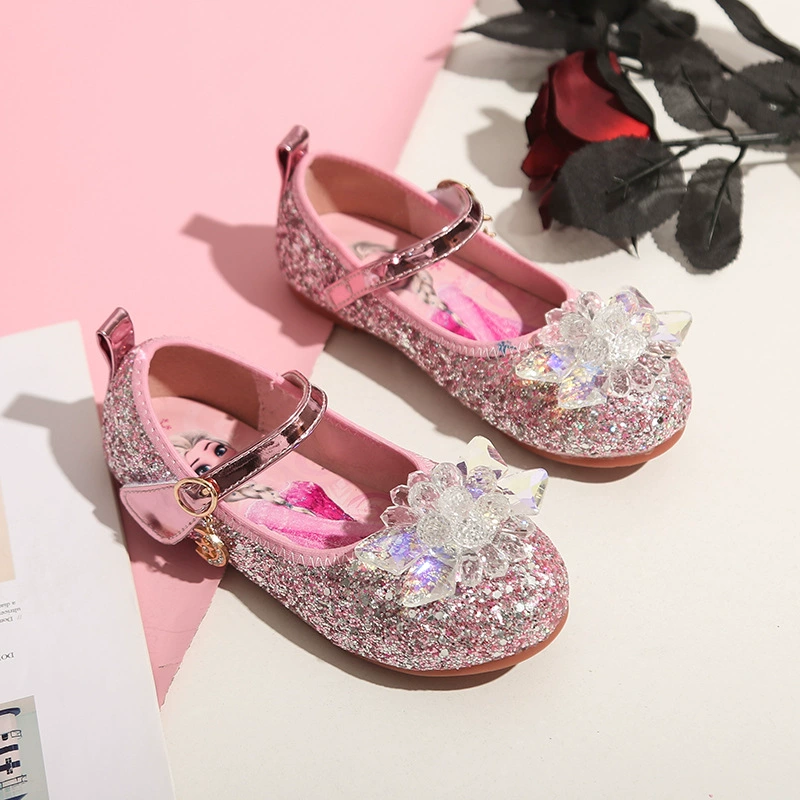 Новые туфли для девочек «Принцесса» с пайетками и хрустальными цветами, весна-лето 2025, кожаные туфли «Холодное сердце», для маленьких принцесс