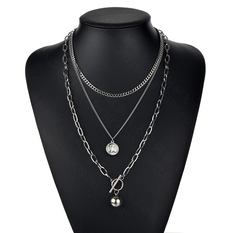 European And American Stainless Steel Three-layer Chain Elizabeth Round Beads Hip-hop Necklace display picture 1