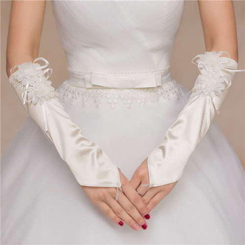 Long Hook Finger Double Chrysanthemum Stretch Satin Hand Sleeve Bridal Wedding Dress Gloves Wedding Style Decorative Flower Gloves