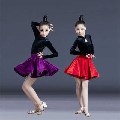 velvet red black purple blue Latin dance dress for girls and children