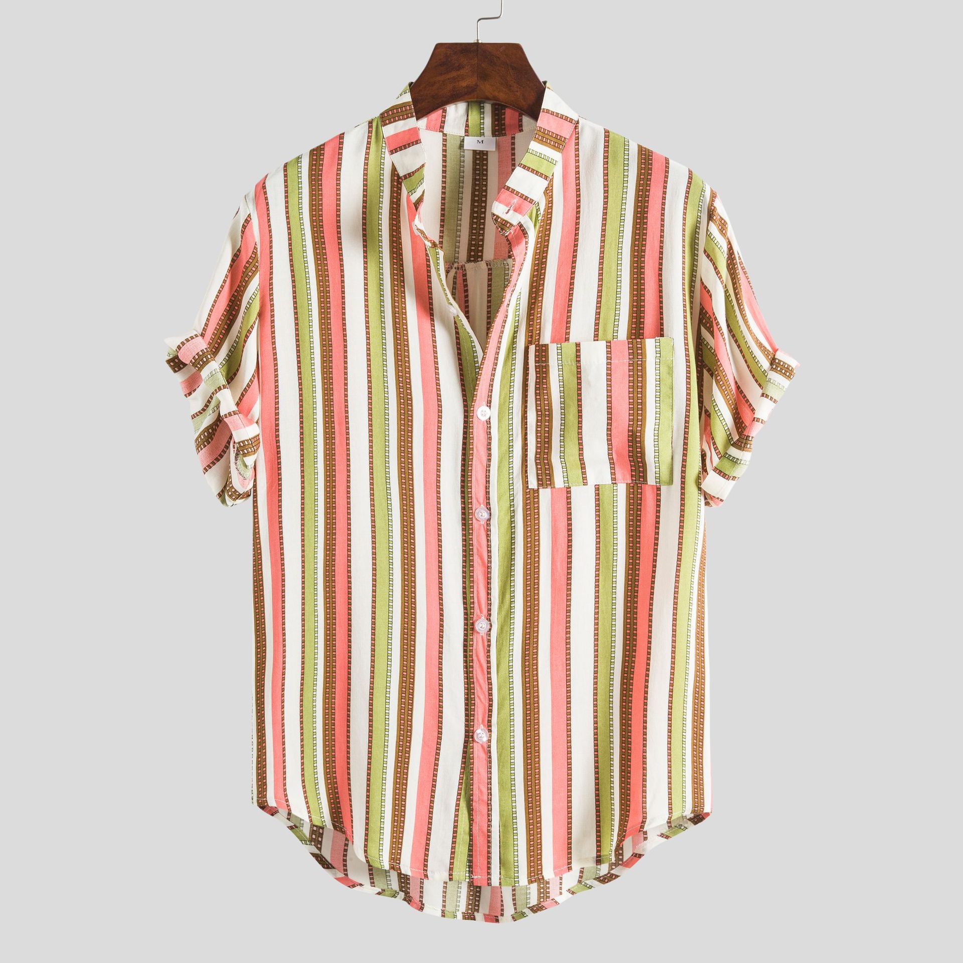 2020新款亚马逊 独立站外贸爆款欧美男士翻领印花条纹短袖衬衫男