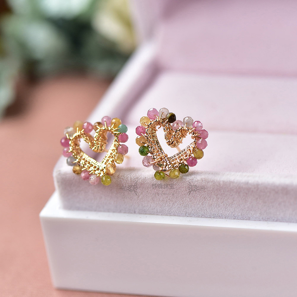 Holiday, Daily Occasion 1 Pair Retro Classic Style Heart Shape Tourmaline Copper 14K Gold Plated Ear Studs