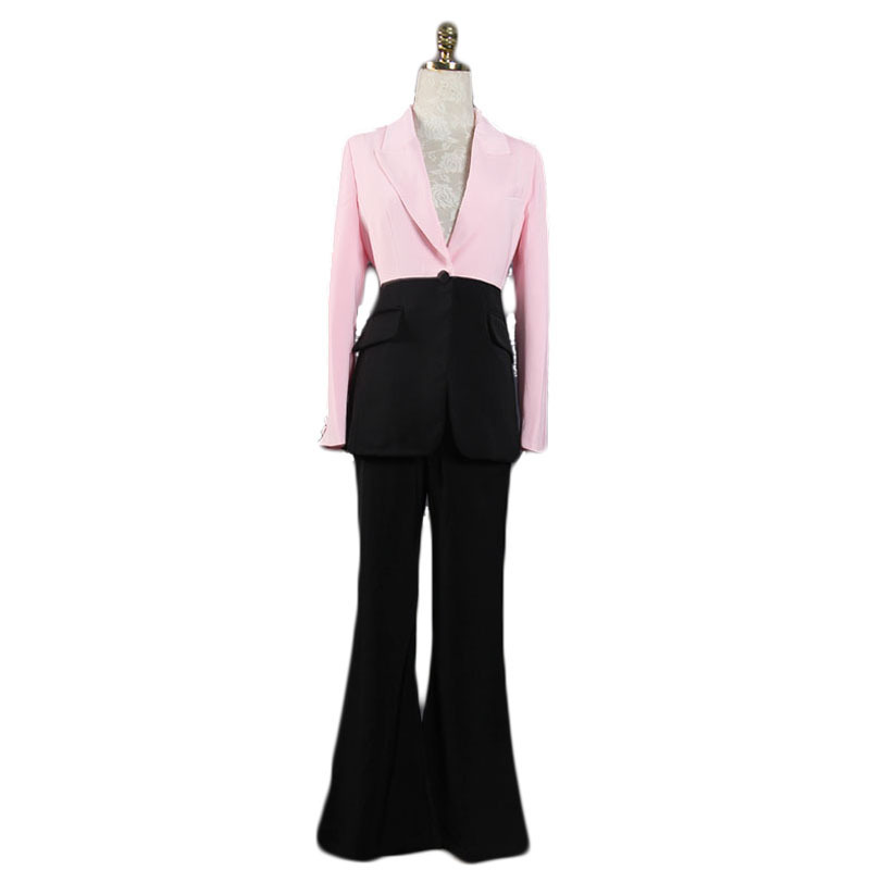 Star Same Style Suit Women's Pink Black Stitching Temperament Slim-fit Slimming Age-reducing OL Fashion Suit Two-piece Set