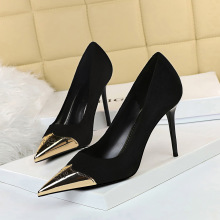 6826-10 European and American Style Sexy nightclub slim heels high heels suede shallow metal pointed shoes