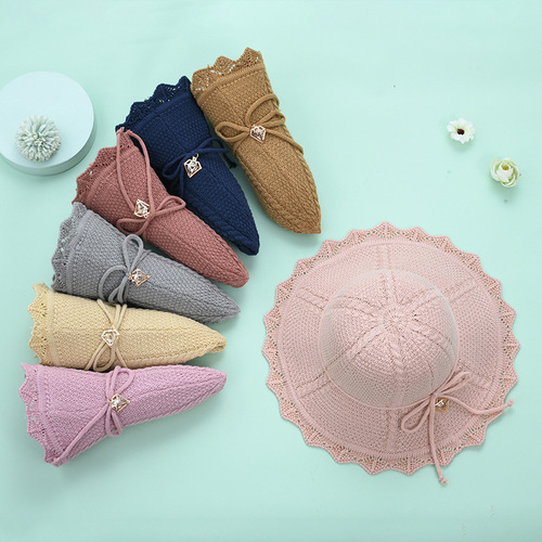 ins knitted straw hat Korean style summer big brim breathable sun protection hat women's fashion folding bow hat
