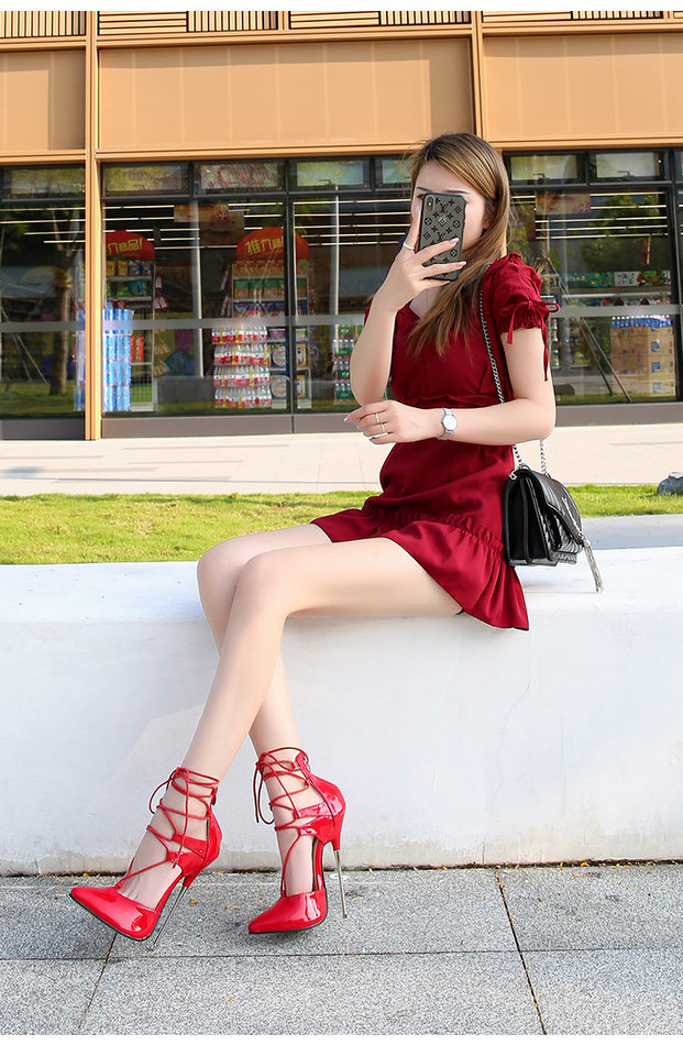 Giày cao gót nữ mũi nhọn gót siêu cao phong cách Âu Mỹ — Màu Đỏ đào, Màu đen, Màu đỏ chi tiết 21