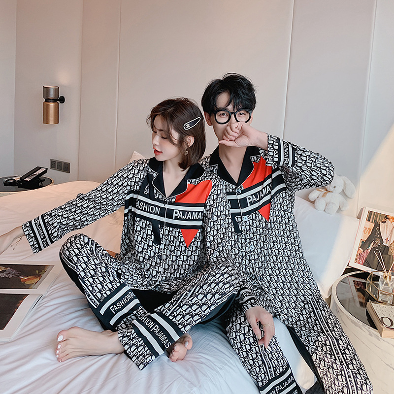 D family high-end pajamas Korean version of the creative INS fashion print pajamo simulation silk lapel pajamas set wholesale