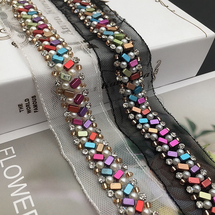 厂家现货刺绣网纱底彩色ABS珠手工钉珠花边条码 服装装饰串珠辅料