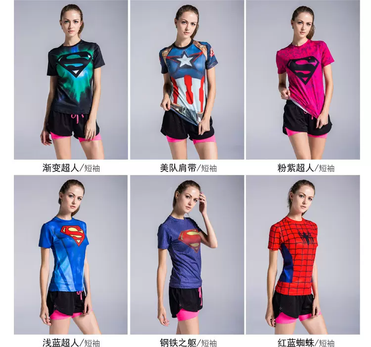 蜘蛛侠女 跑步瑜伽T恤 运动紧身衣 排汗短袖 健身训练 散打搏击