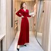 V-neck low chest velvet A-line dress toast dress bridesmaid evening dress long sleeve dress