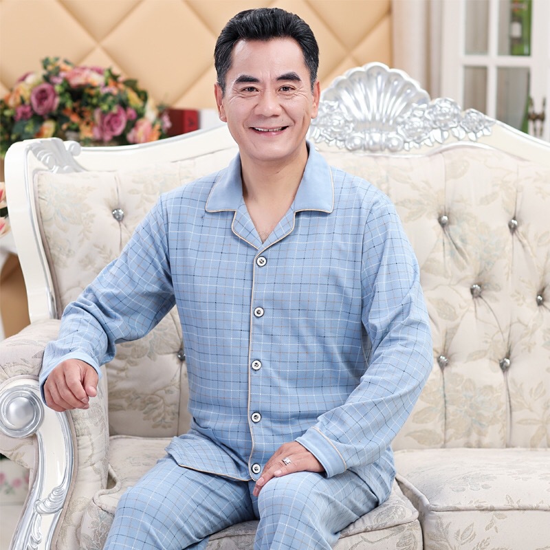 Pijamas de hombres de mediana edad de manga larga 100% algodón primavera y otoño de mediana edad y ancianos papá cardigan ropa para el hogar traje casual
