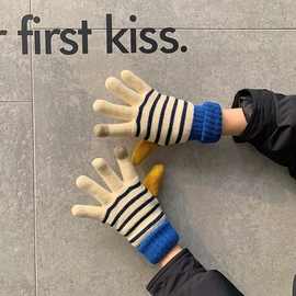 韩国手套冬天保暖可爱毛线拼色条纹触屏软妹防寒加绒加厚少女学生