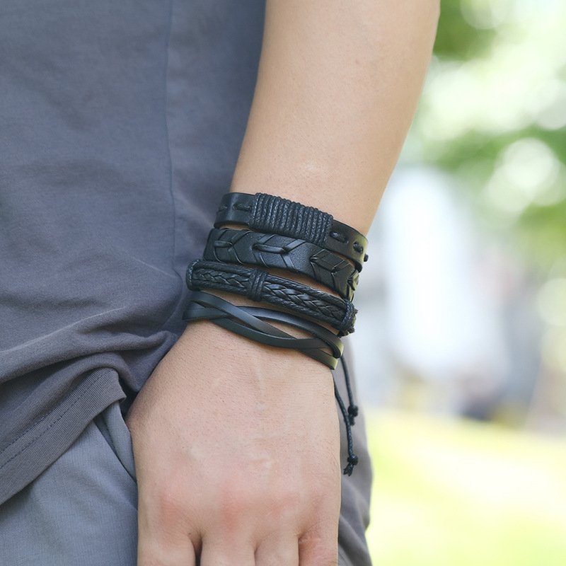 new retro woven cowhide simple multi-layer menu0027s leather bracelet  set