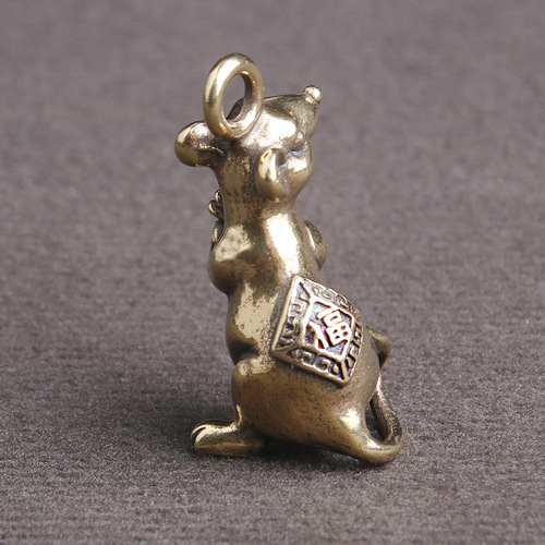 Brass Antiqued Twelve Zodiac Rat Personality Car Keychain Pendant, Luck Rat Charm, Small Copper Craft