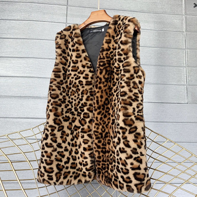 European and American imitation Rex rabbit hair leopard print winter long imitation fur vest warm vest women's vest coat soft