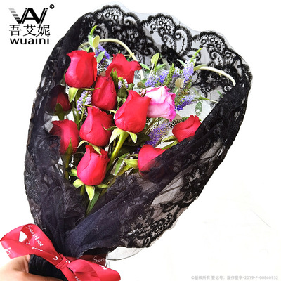 厂货直供花店手捧花包装黑色蕾丝花边头纱女神节送花单层网纱装饰