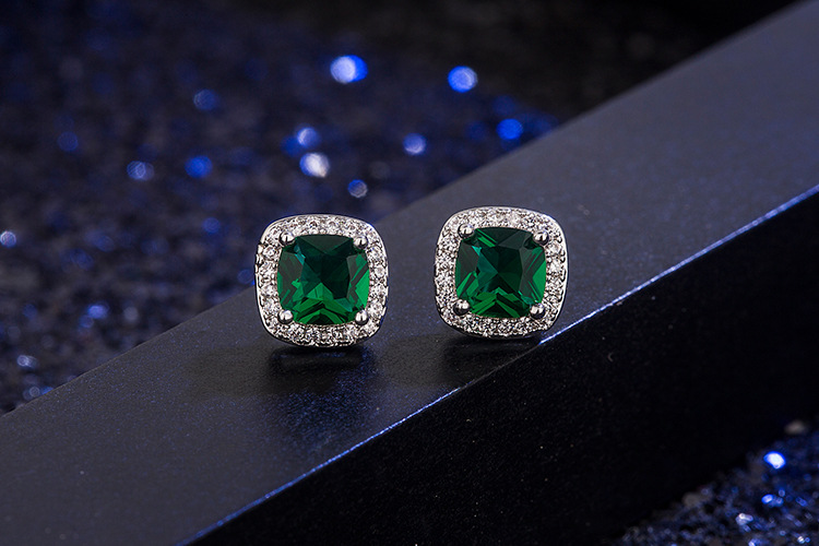 Fashion Square Diamond-set Zircon Emerald Copper Earrings display picture 1