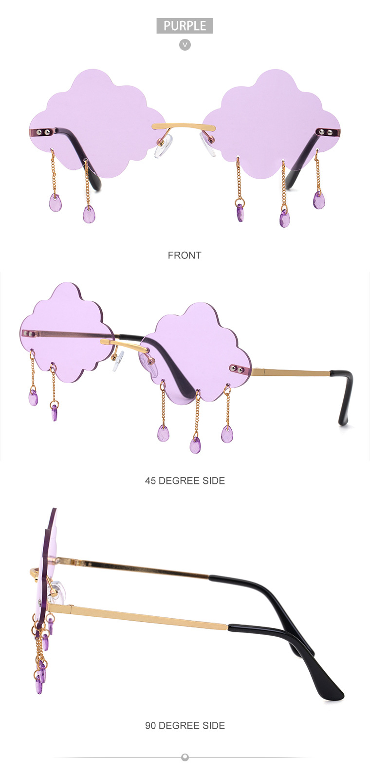 54g Weight Frameless Glasses Structure Glasses Classification UV400 Lens Material Polygon Glasses Style Party Occasion Clouds Pattern All Seasons Season Kid'S, Women'S Gender Fashion Style Dark Blue, Grey, Pink, Purple, Red, Blue, Yellow Color New Fashion Simple Style Pendant Cloud Sunglasses 19