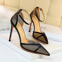 9863-2 the European and American wind sexy high-heeled shoes with shallow thin mouth pointed hollow belt mesh hollow out a word high-heeled sandals