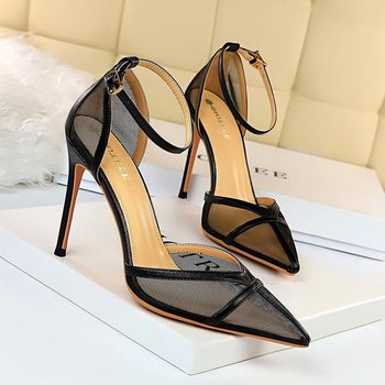 9863-2 European and American style sexy high-heeled shoes stiletto shallow mouth pointed hollow one word with mesh hollow high-heeled sandals
