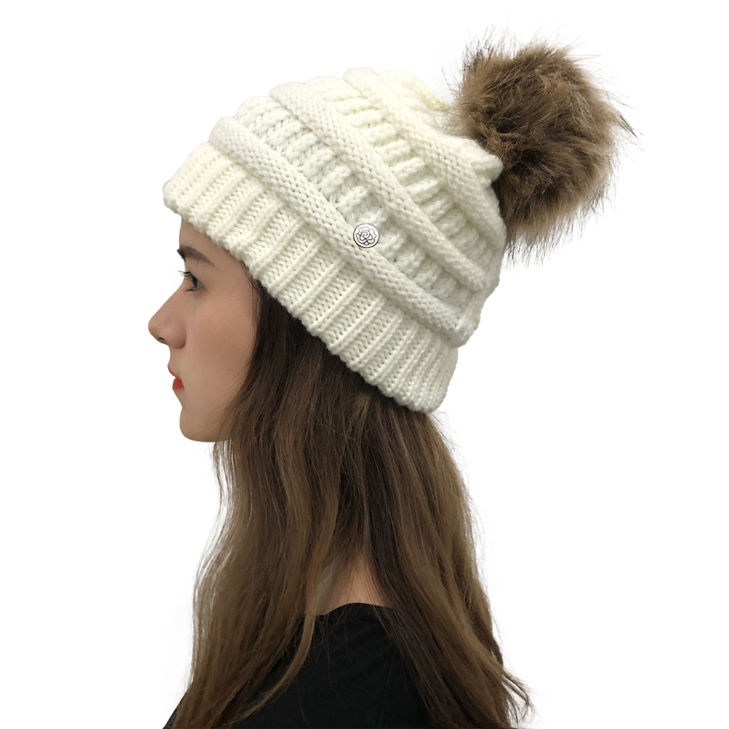 Crochet Ponytail Hat With Fur Pom Pom Mask Button Hat Hot Selling Knitted Hat Wool Ball Wool Hat Criss-cross