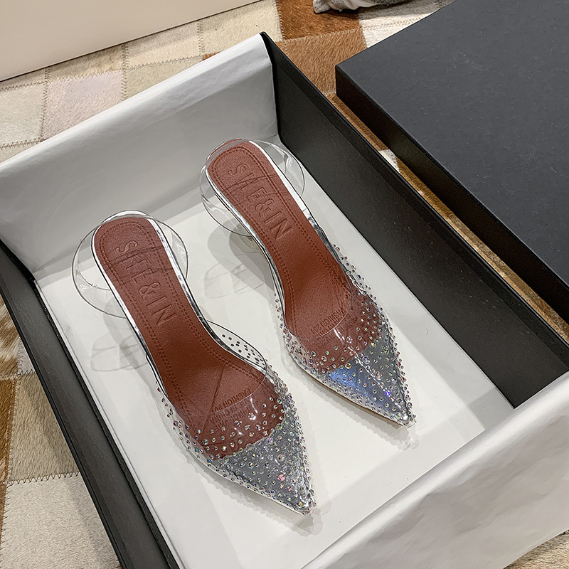 Women 2024 summer new Korean style transparent rhinestone stiletto heel pointed toe large size outer wear sandals_voghion.com