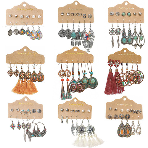 European and American retro cross-border earrings, bohemian style tassel set, Amazon best-selling earrings combination, factory direct sales