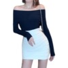 Plain collar knitted bottomed Top + PU high waisted slim skirt