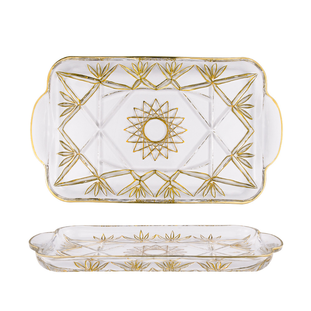 跨境大号水晶玻璃现代家居装饰托盘 欧式奢华描金茶几摆件干果盘