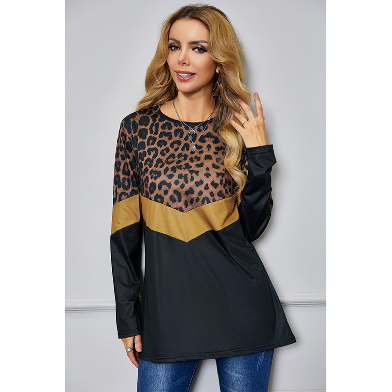 leopard print color contrast stitching t-shirt NSSA26073