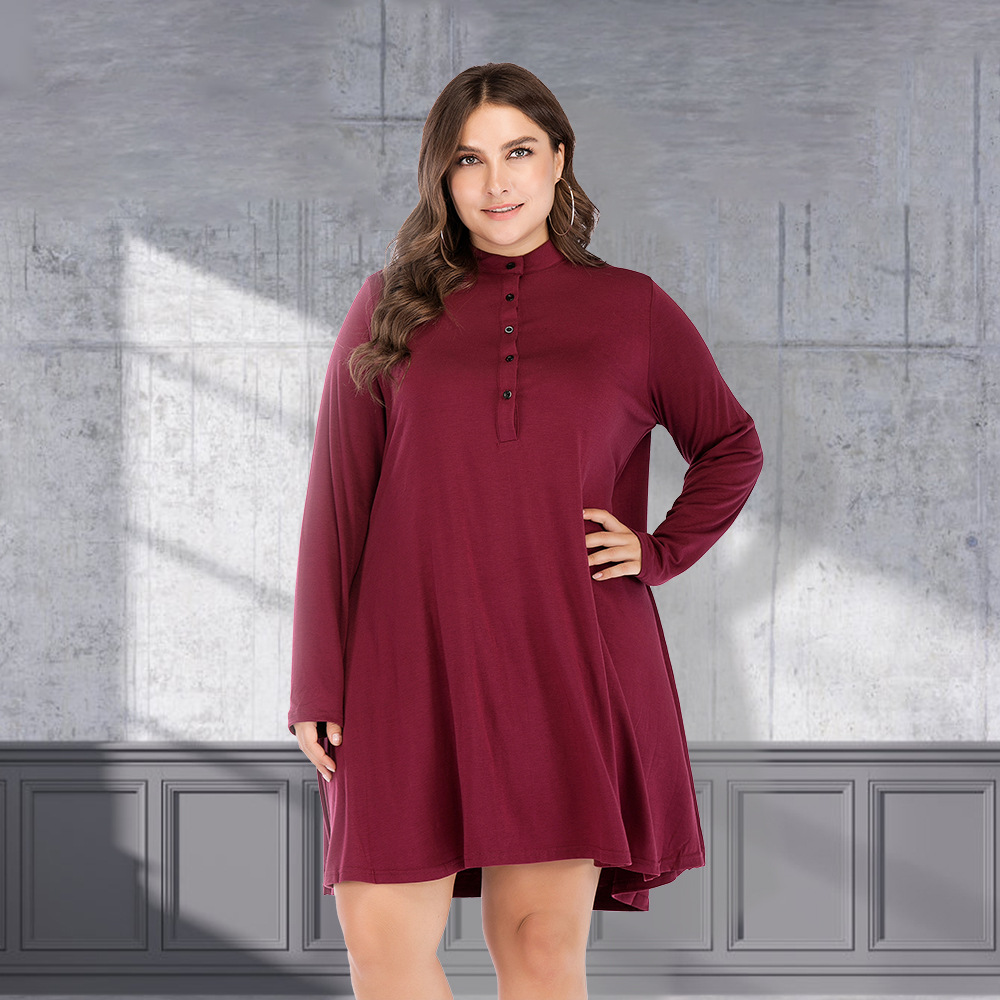 plus size round neck loose solid color long sleeve dress NSJR17198