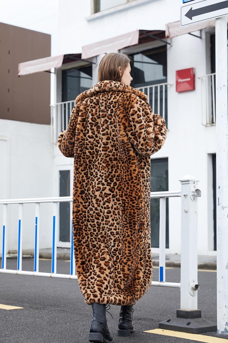 Womens Luxury Faux Fur Leopard Long Coat Lapel Trench Jacket Thick