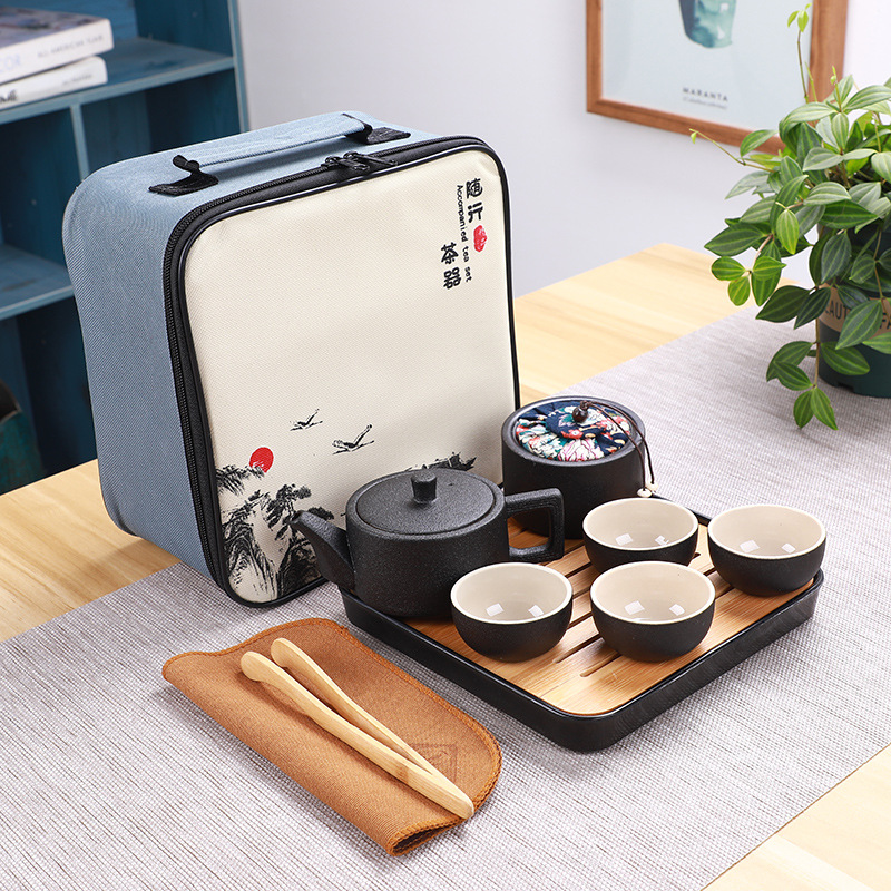 黑陶旅行茶具便携套装一壶两杯四杯功夫茶具家用整套陶瓷茶具茶盘|ms