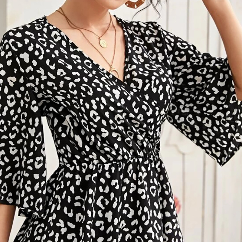 Leopard Print V Neck Short Sleeve Chiffon Shirt NSGE35106